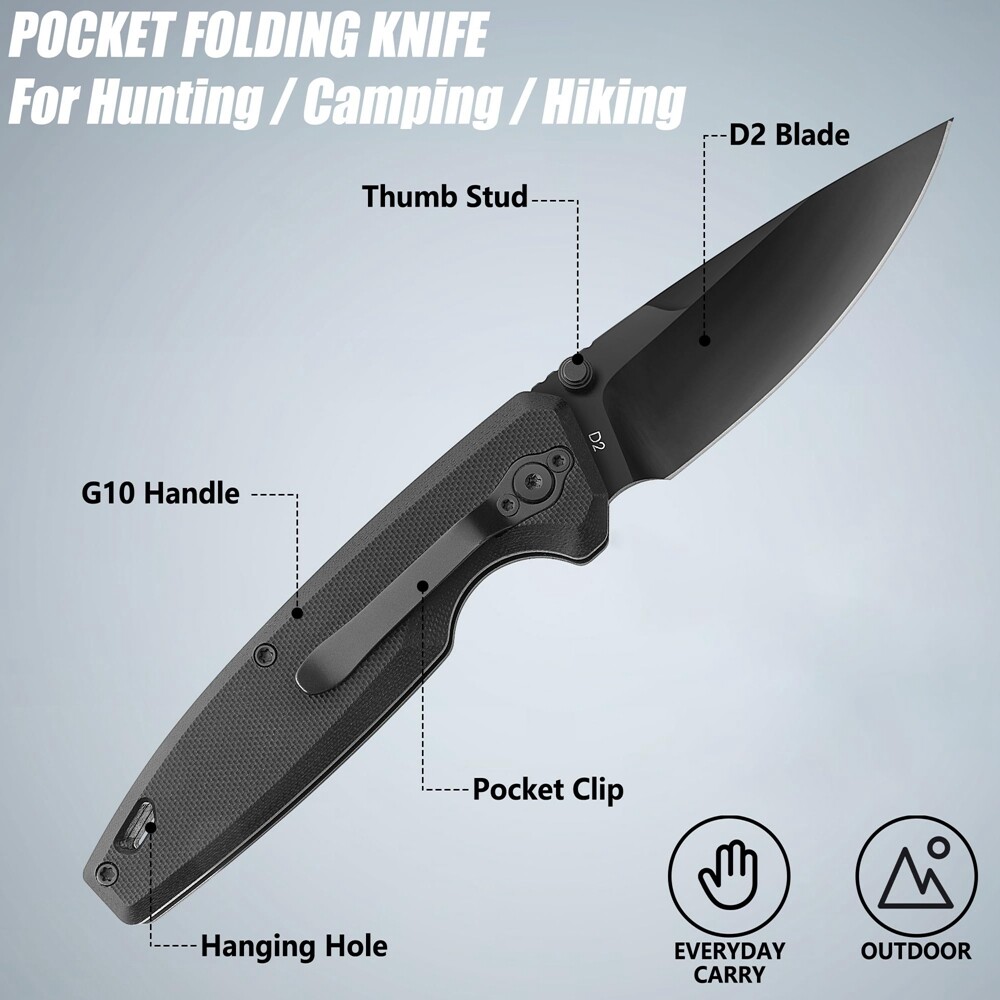 FLISSA Folding Pocket Knife 3.3-inch D2 Blade G10 Handle Knife with Button Lock