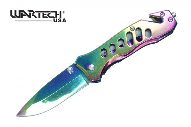 Spring-Assist Folding Knife Wartech Rainbow Mirror Blade Rescue EDC 6.5″ Overall