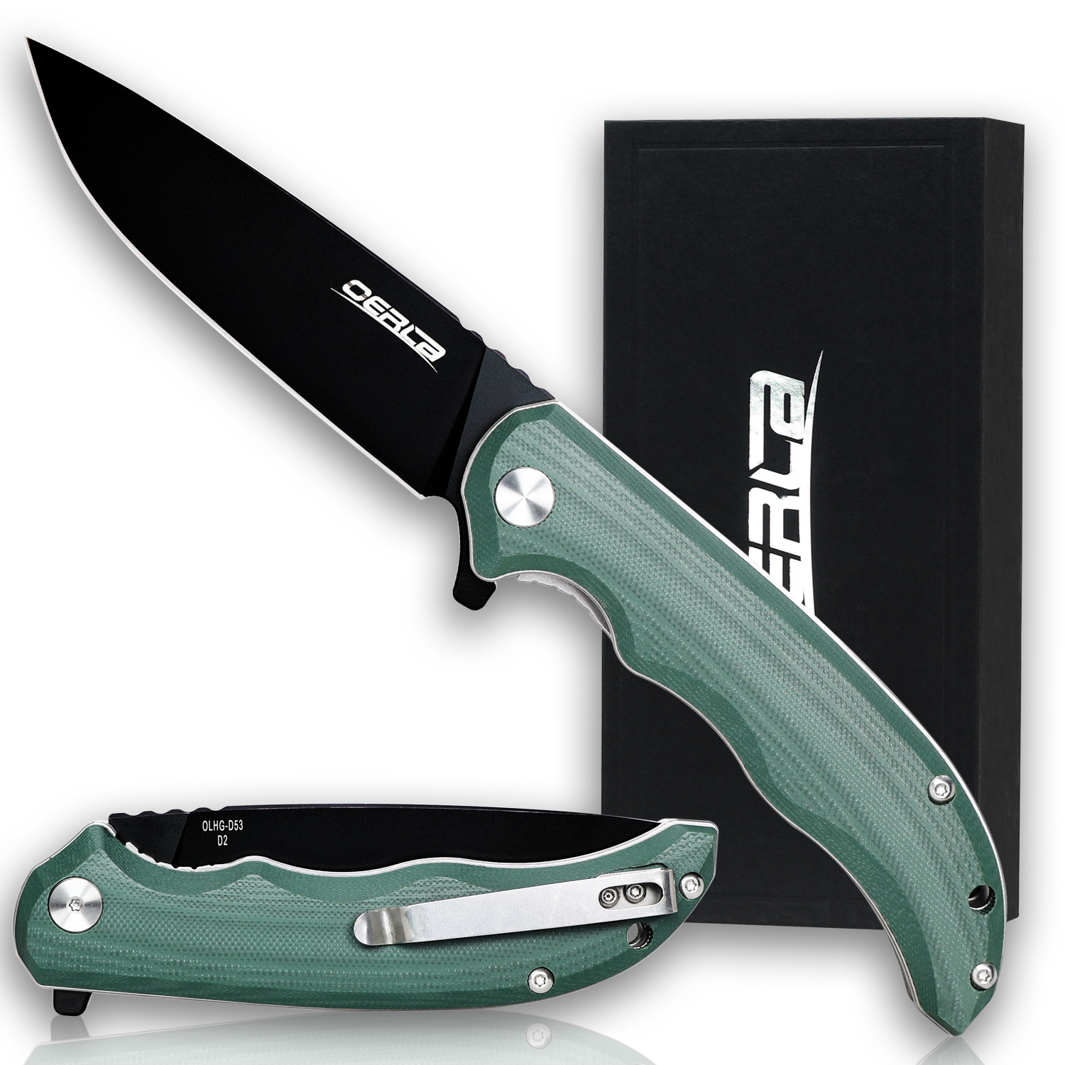 OERLA 8.9″ Medium Size Folding Pocket Knife with D2 High Carbon Steel Green
