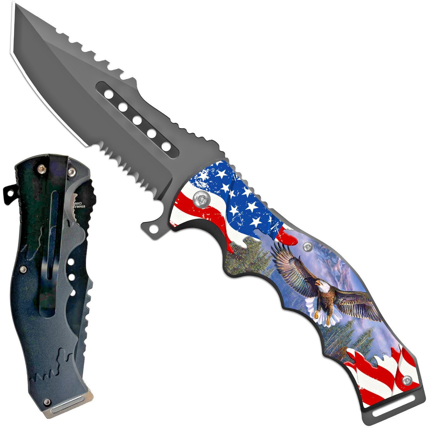 HUGE!! 8.5″ Tactical USA American Flag – Flying Eagle EDC Fast Open Pocket Knife