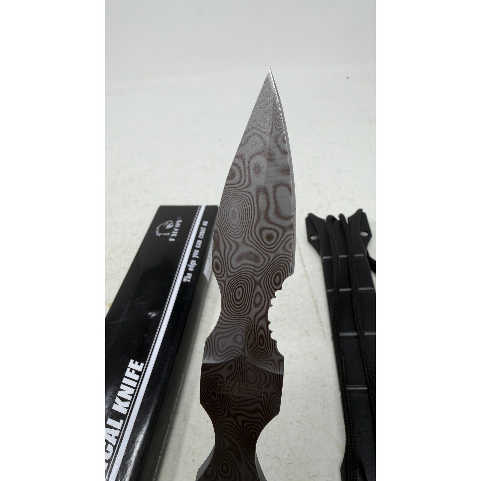 Falcon Tactical Knife 440 Stainless Steel Damascus Pattern Fixed Blade Sheath