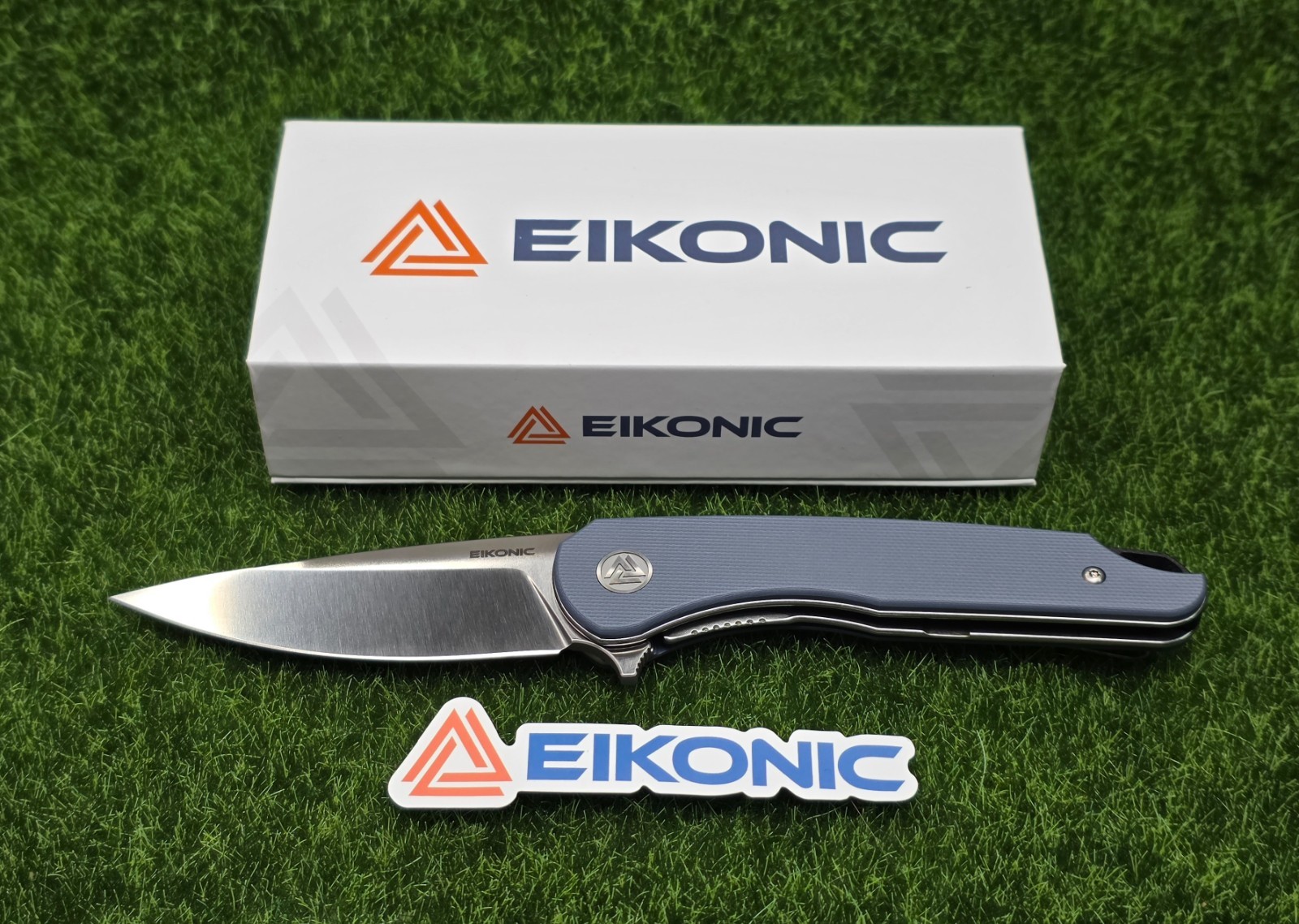 EIKONIC Dromas 3.25″ Flipper Knife, D2 Silver Blade, Steel Blue G10 – 440SSGY
