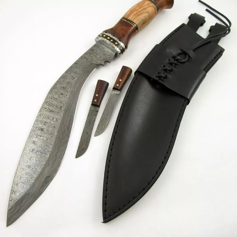 FIXED-BLADE MACHETE 18″ Damascus Steel Blade Gurkha Kukri Military Combat Knife