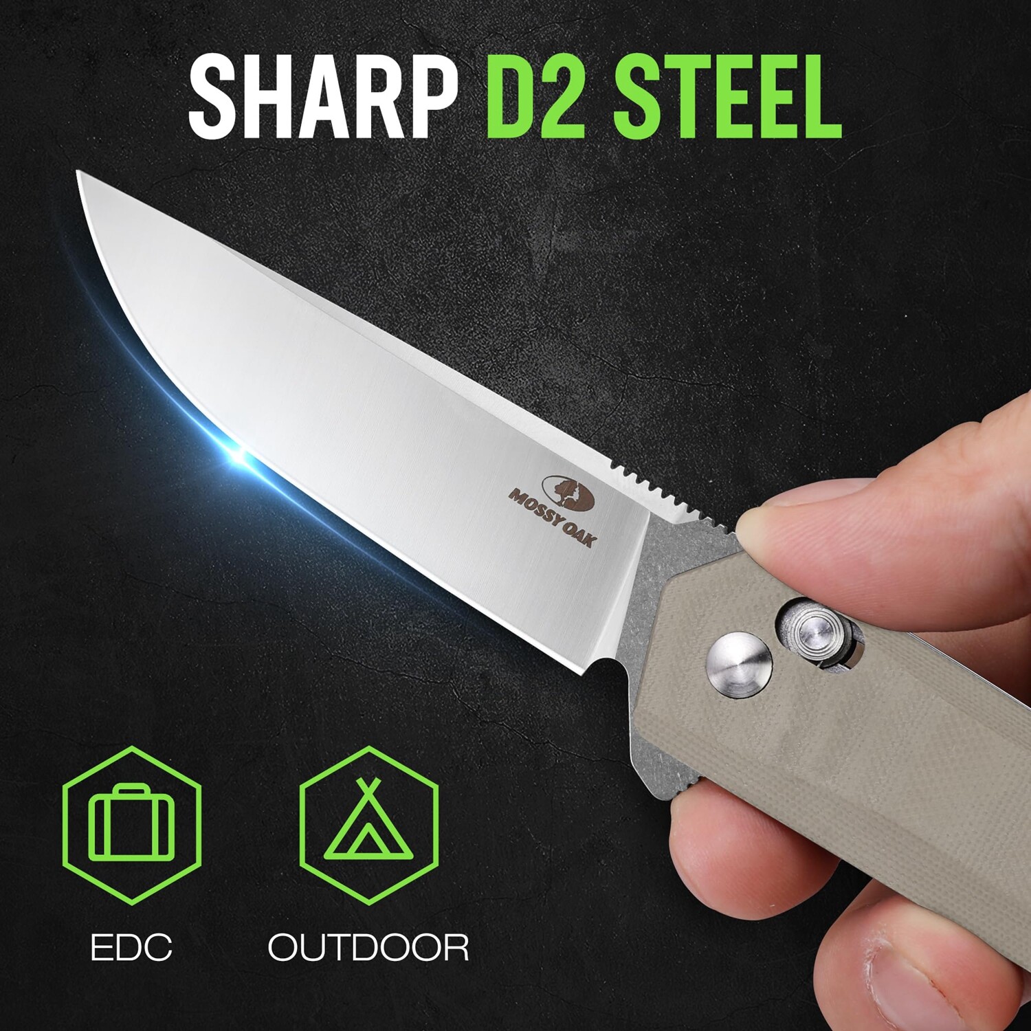 Mossy Oak Folding Pocket Knife EDC 3.5-Inch D2 Steel Drop Point Blade G10 Handle