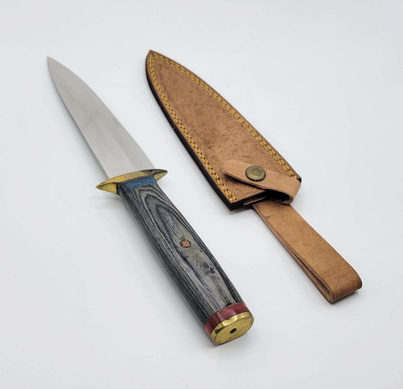 12″ Wooden Inlay Wood Hunting Knife Fixed Blade W/ Genuine Brown Leather Sheath