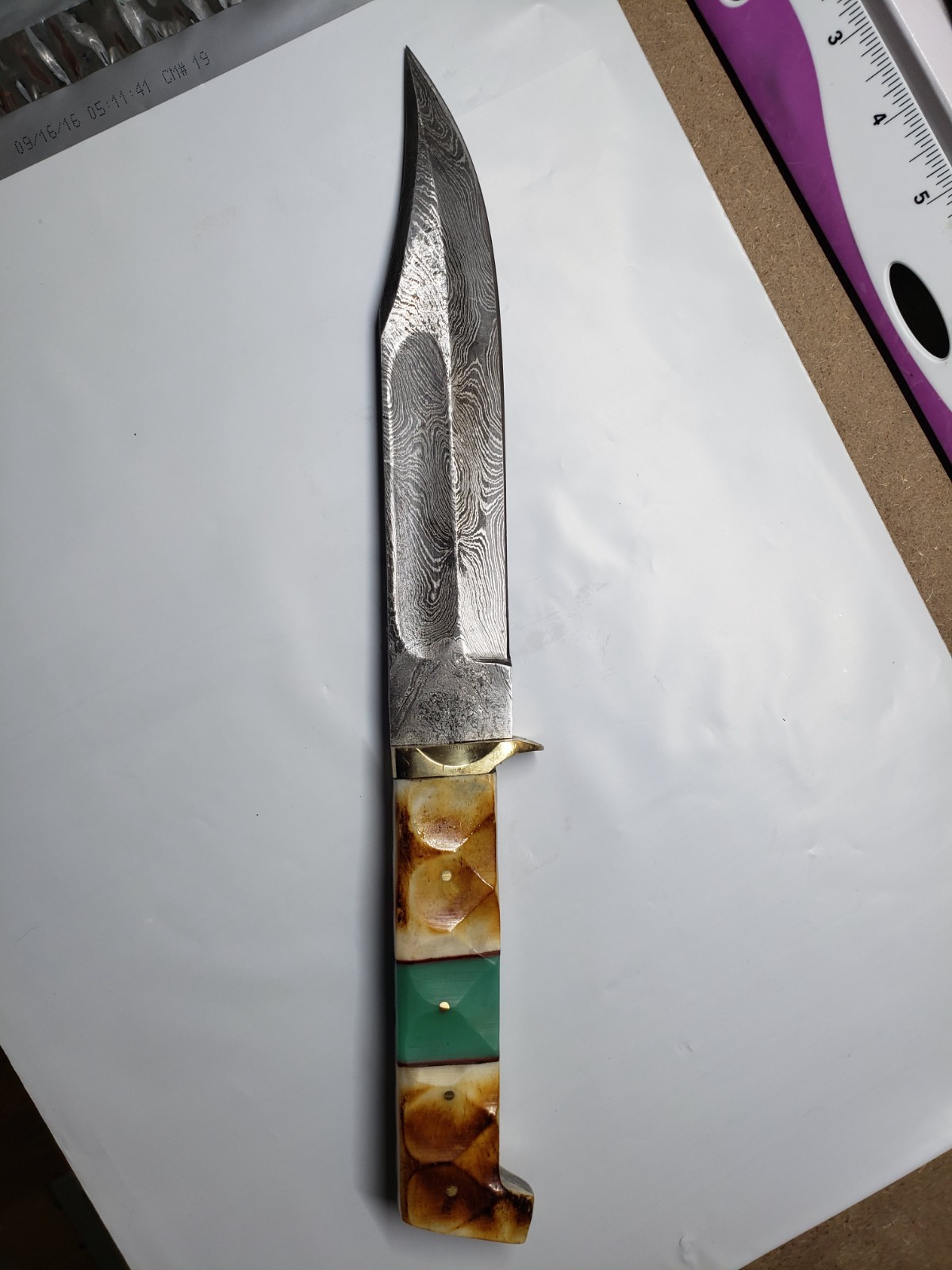 Damascus Bowie 13.25in Fixed Knife w/Burnt Bone Handle DM-1256 Leather sheath