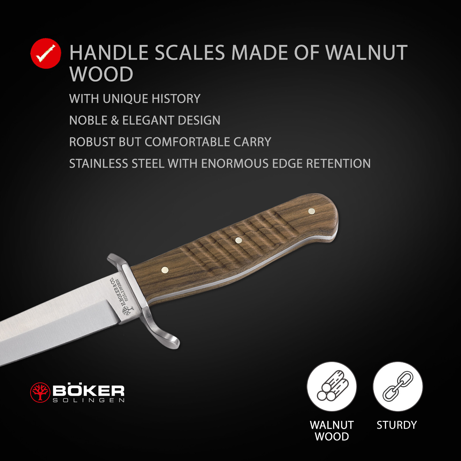 Boker Trench Knife Fixed 5.67″ C75 Blade Walnut Handle Tactical ✔️ 121918
