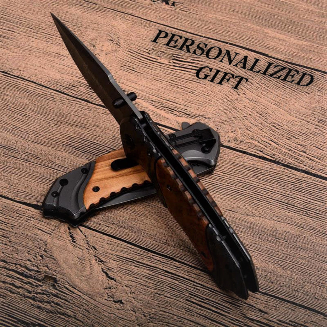 Pocket Hunting Knife Tactical Folding Personalized Gift for Men Wood Handle