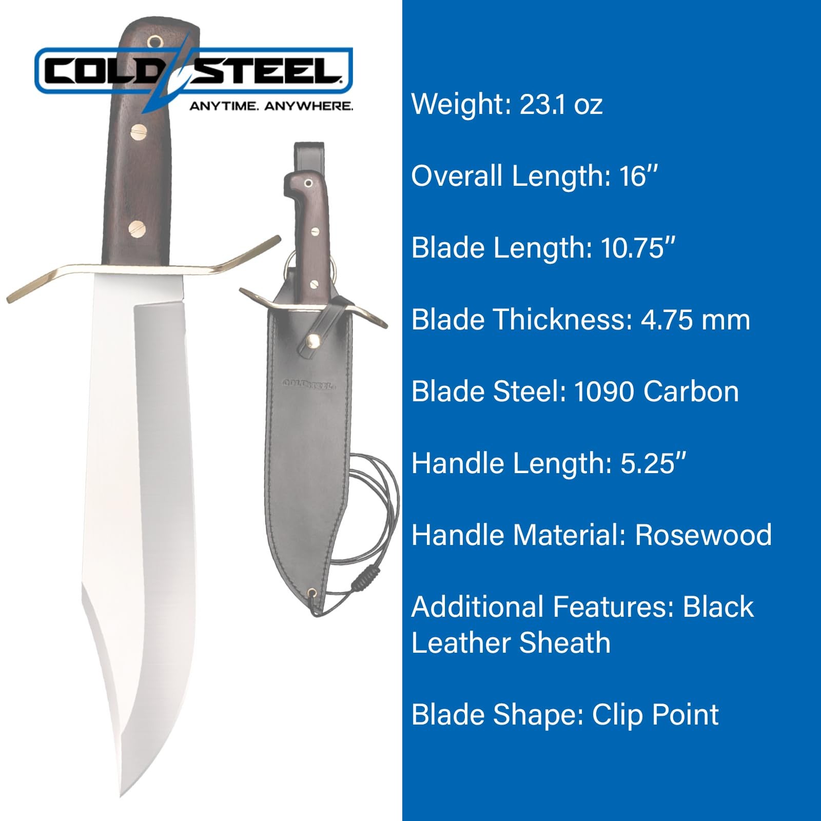 Ameristep Wild West Bowie 10.75″ 1090 High-Carbon Steel Clip Point Blade 5.25″