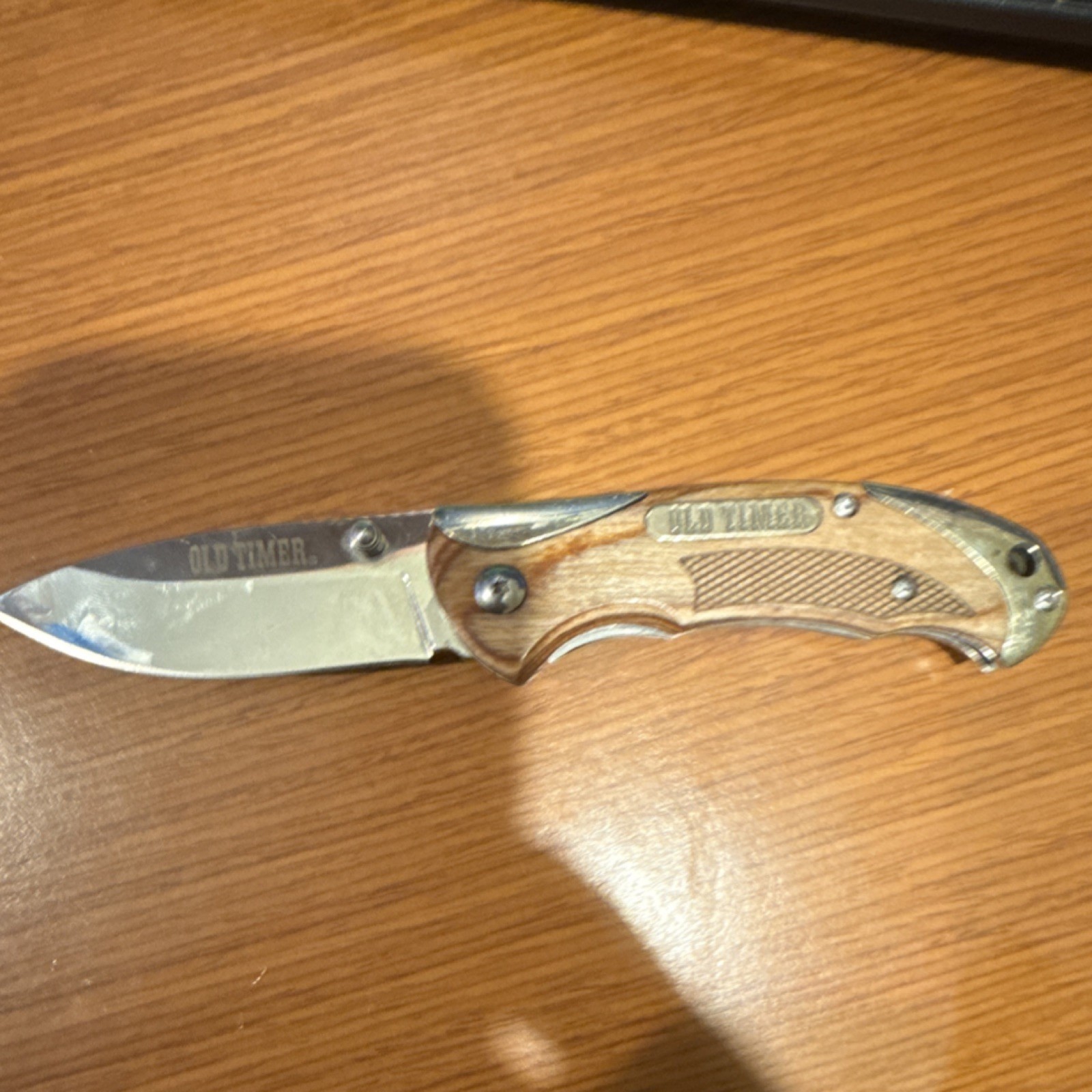 Old Timer Stainless Steel Pocket Knife Wood Metal Handle Pocket Clip