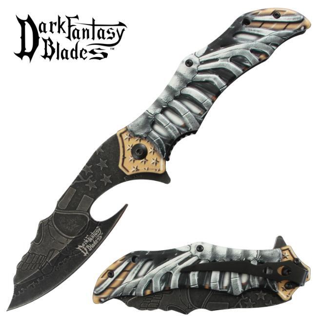 8.5″ DARK FANTASY BLADES SKELETON GRAPHIC SPRING ASSISTED FOLDING KNIFE SILVER
