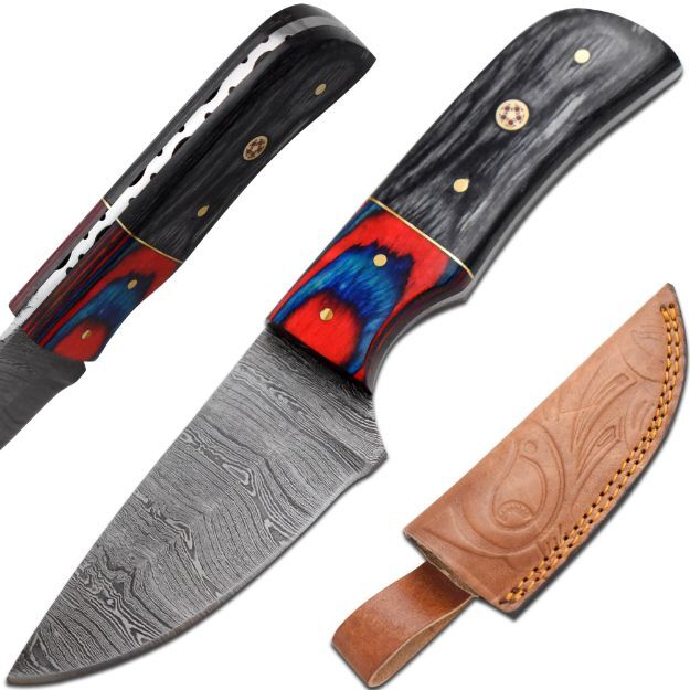 7″ Old Ram Damascus Steel Skinner Knife w/ Pin Wood Handle & Leather Sheath