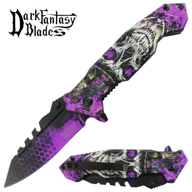 8.5″ DARK FANTASY BLADES SKULL PRINTED SPRING ASSISTED FOLDING KNIFE PURPLE