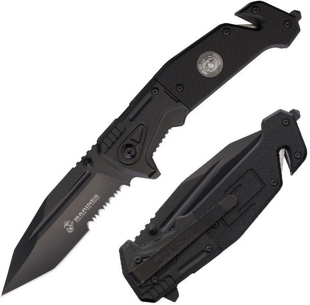 USMC Assisted Folding Knife Part Serrated 3Cr13 Steel Blade G10 Handle M-A3003BK