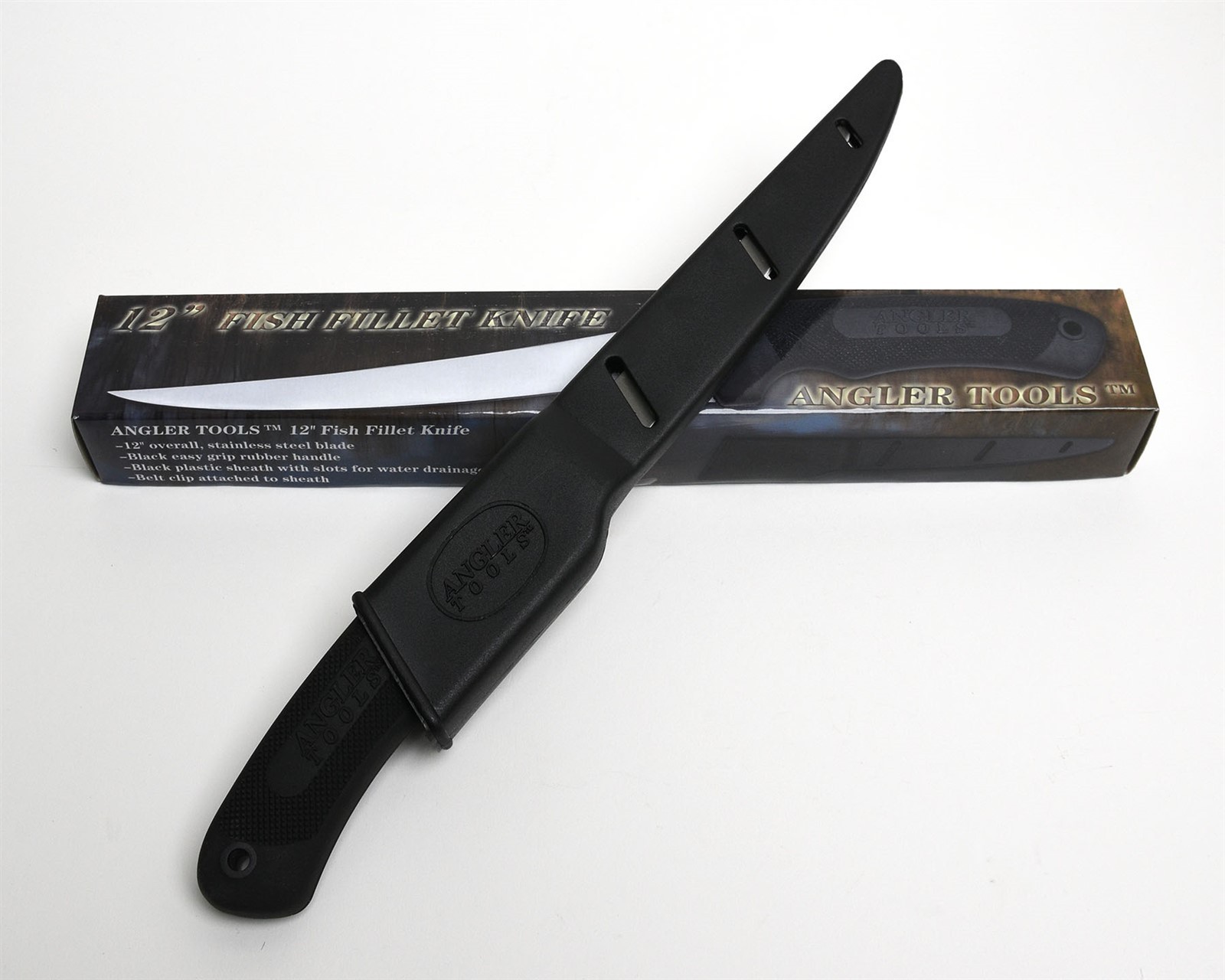 Angler 12″ Black Fillet Knife with Hard Belt Sheath Fishing Knife NIB
