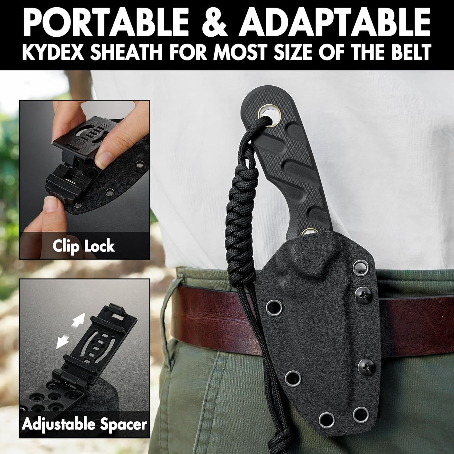 FLISSA 7″ Full Tang Hunting Knife Fixed Blade Knife with Kydex Sheath Multicolor