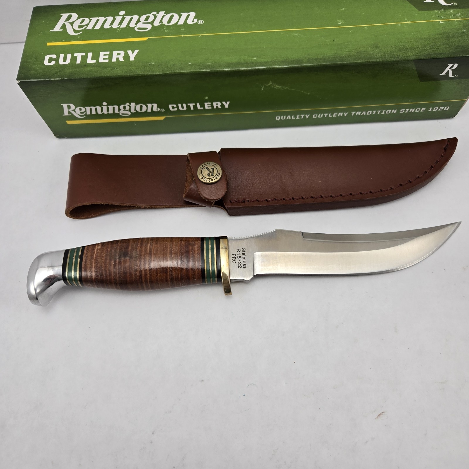 New Remington Stacked Fixed Knife 10″ OA 5.5″ Blade Leather Sheath R15722