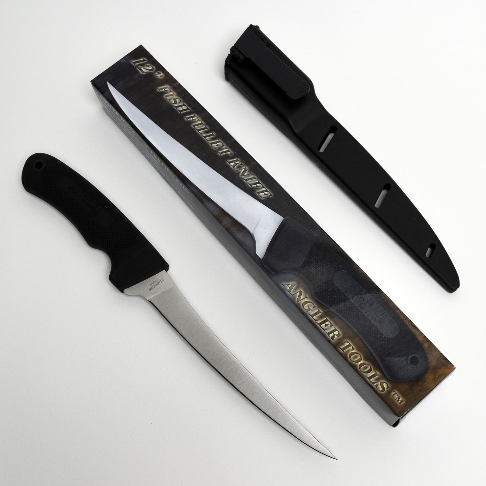 Angler 12″ Black Fillet Knife with Hard Belt Sheath Fishing Knife NIB