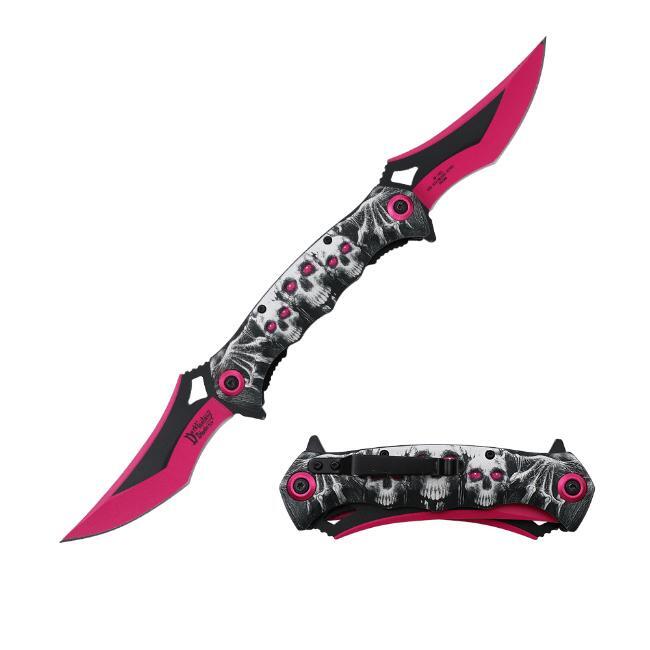 12.5″ DARK FANTASY BLADES SKULL PRINTED SPRING ASSISTED TWIN FOLDING KNIFE PINK