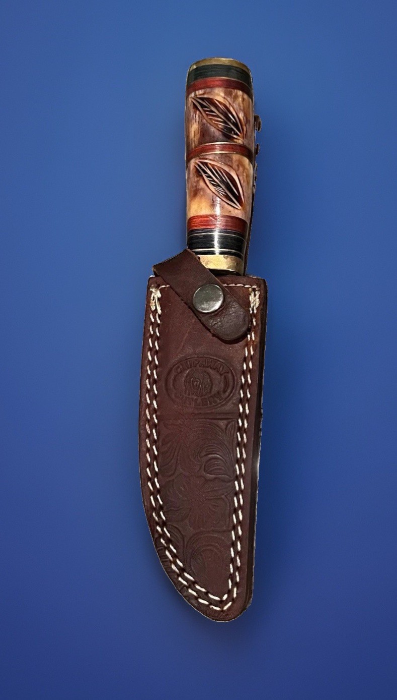 Chipaway Cutlery 10” Carved Bone Handle Hunting Knife 5.5” Blade /Leather Sheath