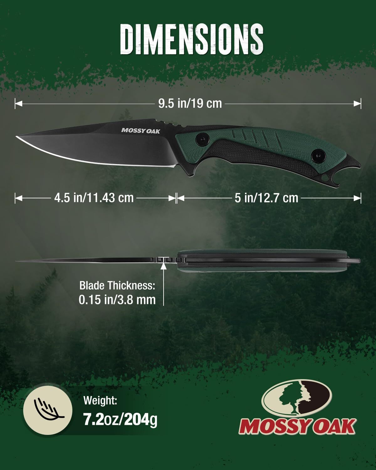 Mossy Oak 9.5-inch Hunting Knife G10 Handle Full Tang Fixed Blade Knife w/Sheath