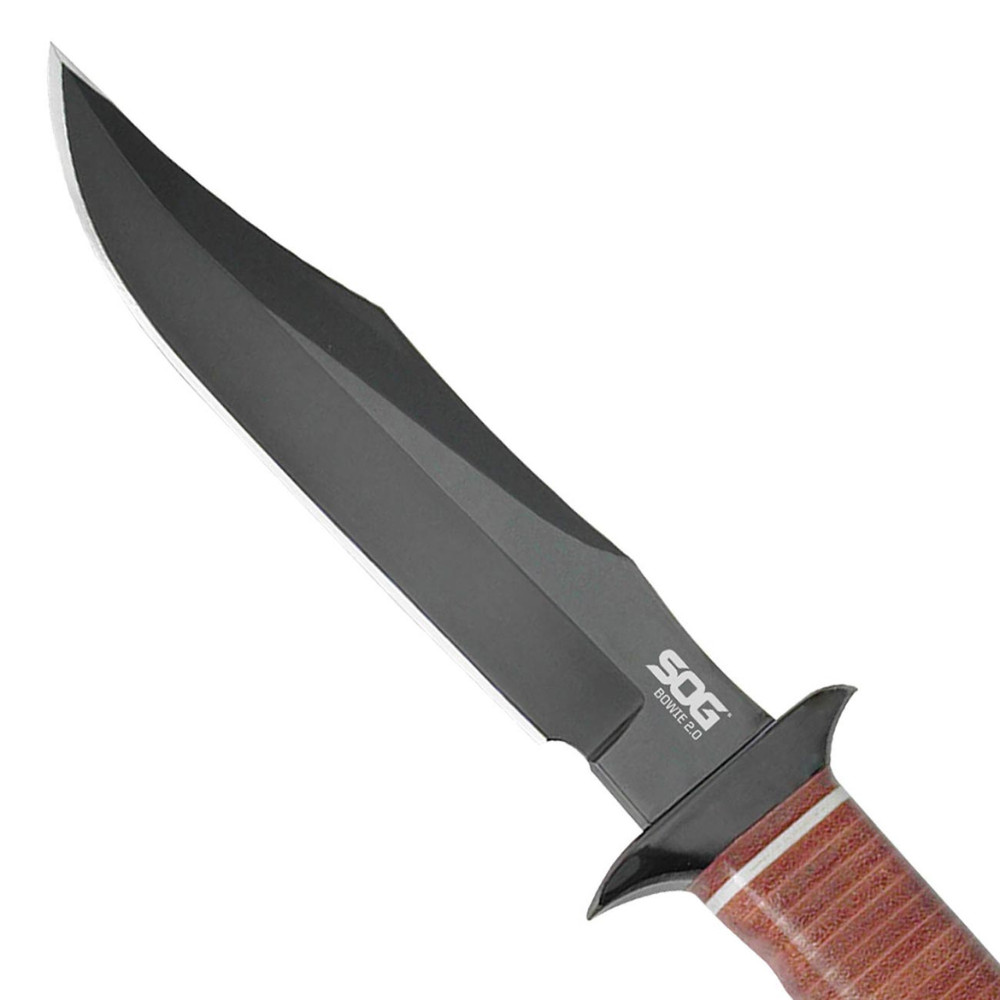 SOG Bowie 2.0 Knife 6.4″ Black TiNi Blade Leather Handles with Leather Sheath