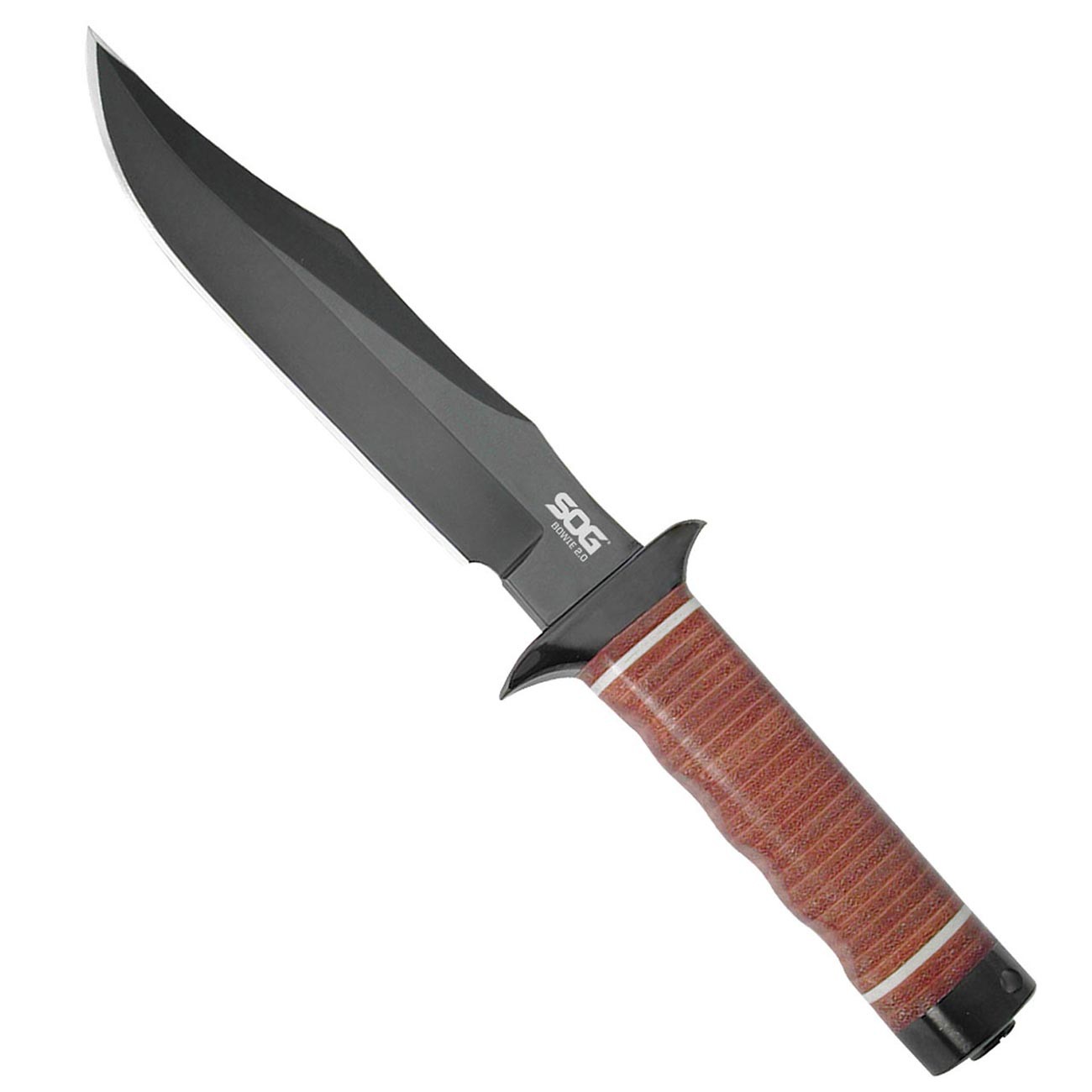 SOG Bowie 2.0 Knife 6.4″ Black TiNi Blade Leather Handles Leather Sheath