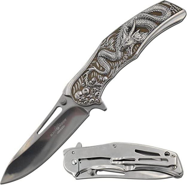 8.5″ DARK FANTASY BLADES DRAGON GRAPHIC SPRING ASSISTED FOLDING KNIFE SILVER
