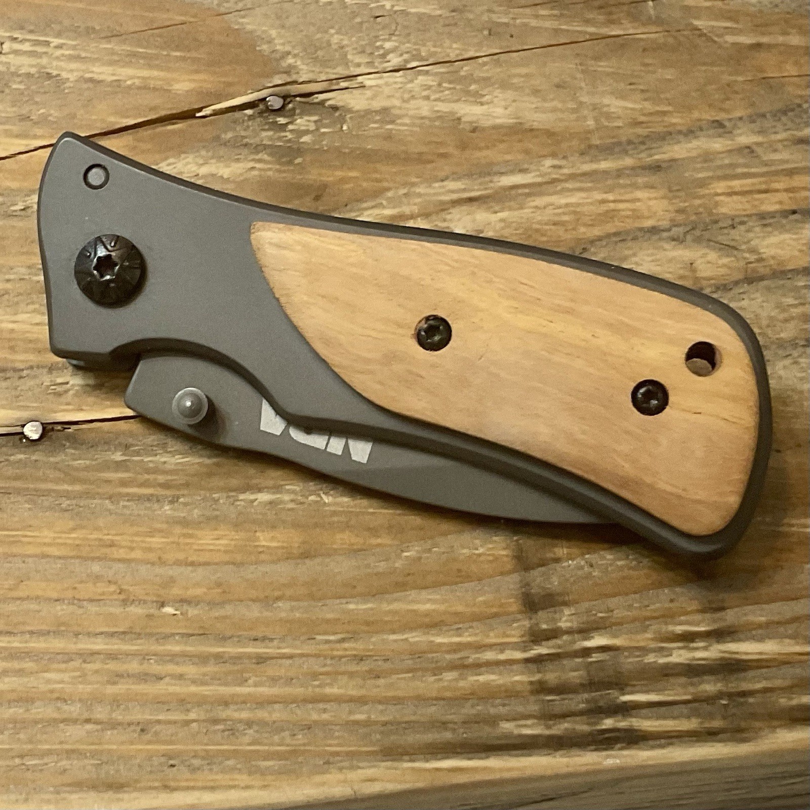 NRA Stone River Frame Lock Folding Knife with Pocket Clip Two Tone Wood Handle