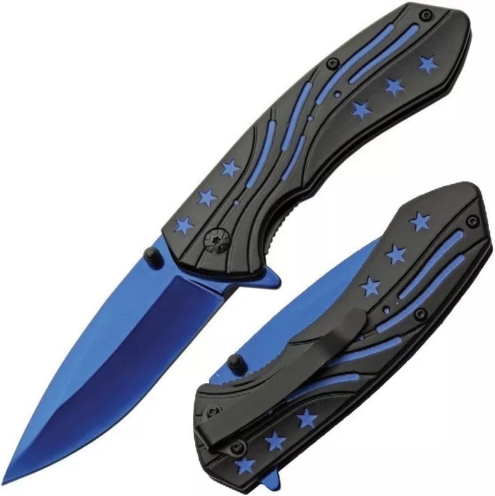 Rite Edge Folding Knife 3Cr13 Blade Blue Stars Black Aluminum Handle – 300600-BL