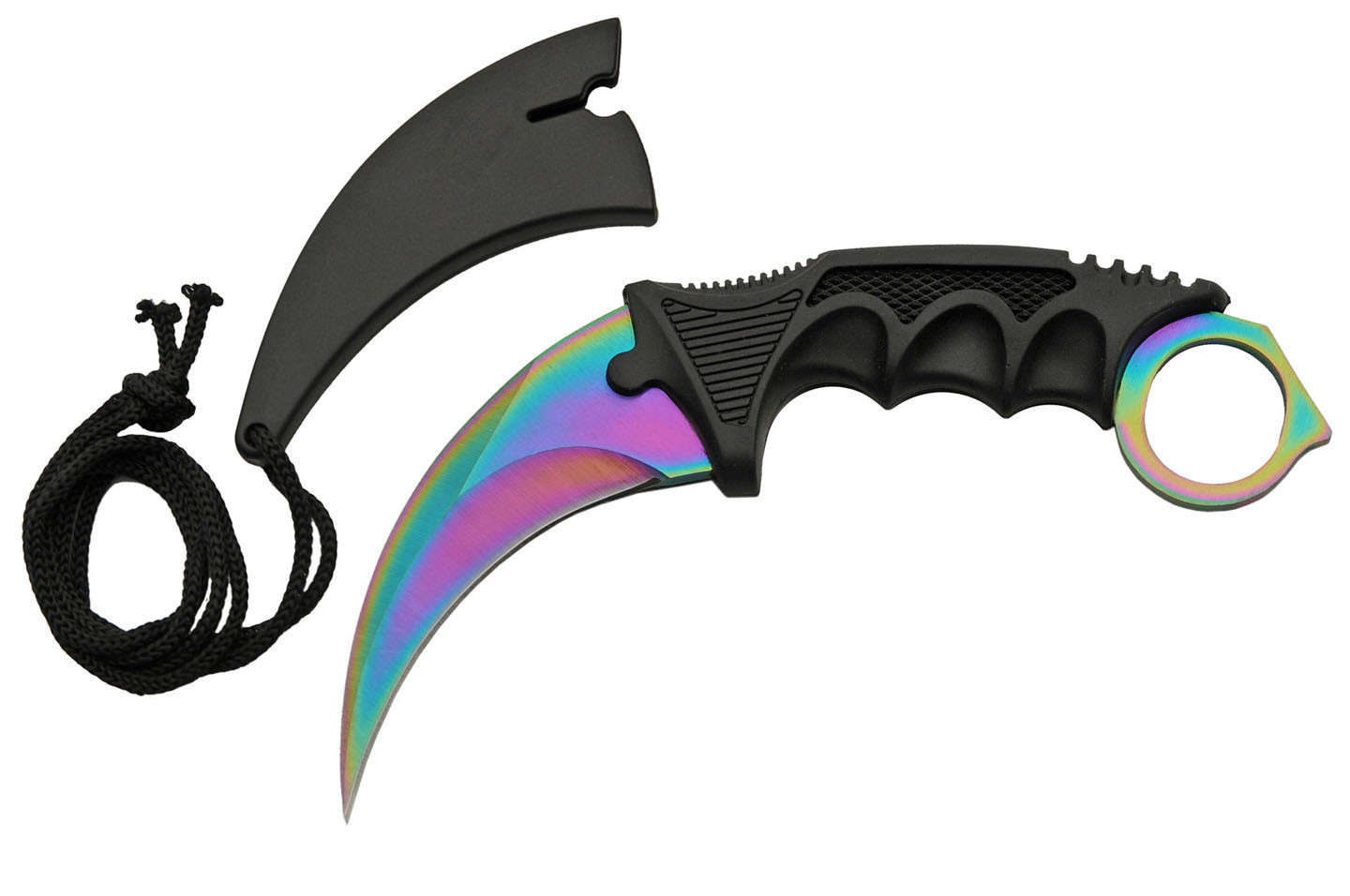 Tactical Neck Knife Rite Edge 7.5″ Overall Rainbow Blade Karambit Black + Sheath