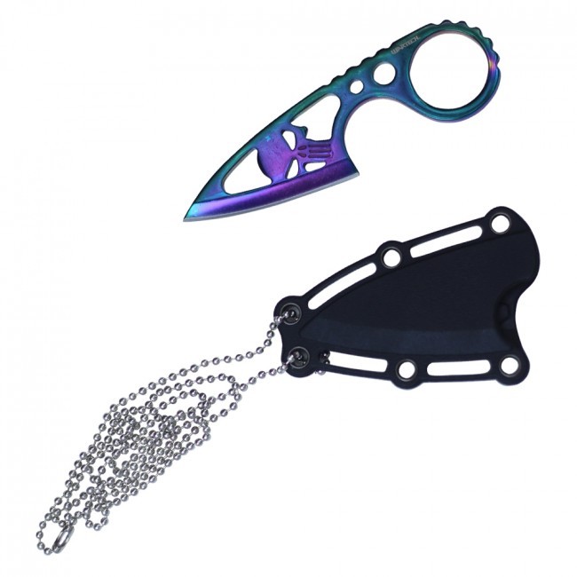 NEW Neck Knife Wartech Tactical Skull Blade Hard Sheath 4.25in Rainbow Black