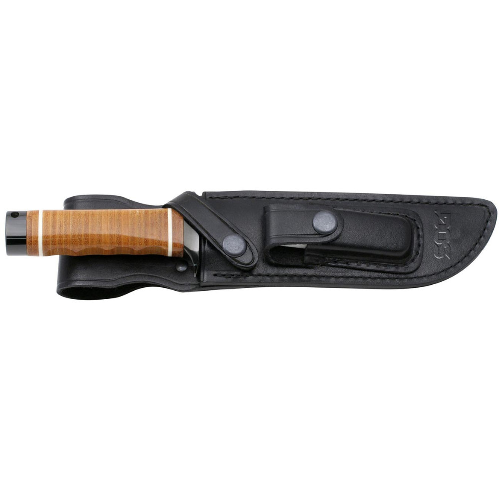 SOG Bowie 2.0 Knife 6.4″ Black TiNi Blade Leather Handles with Leather Sheath
