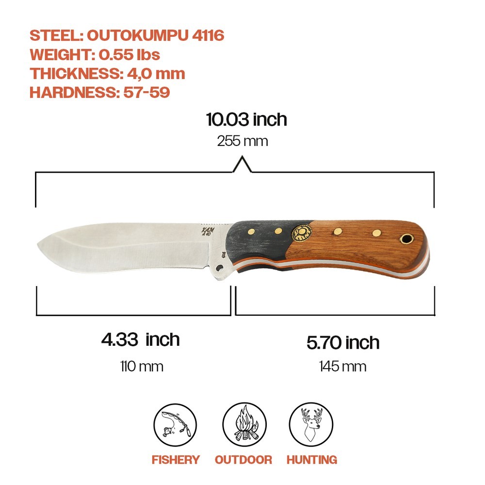 Kam Knife – A40 – 4116 Steel – Maun Wood Black and Brown Handle – Fixed Blade