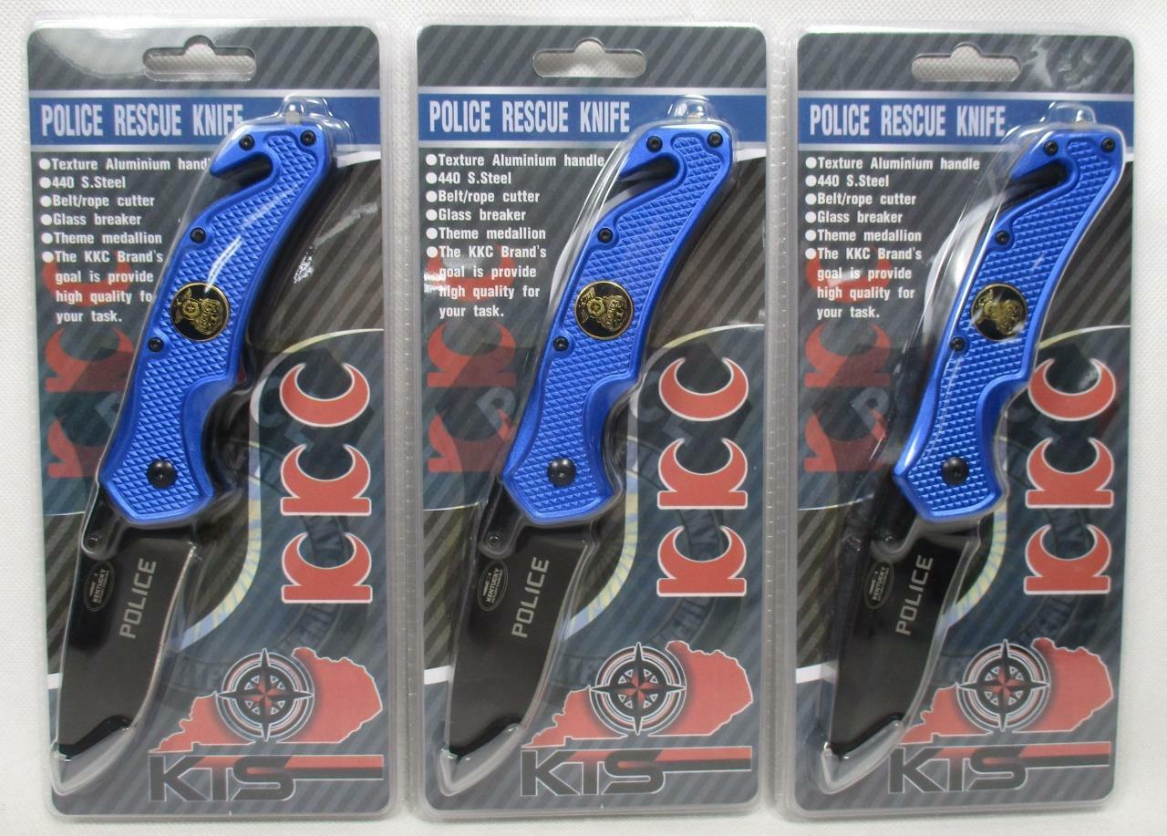 Lot of 3 Police Rescue 8″ Folding Pocket Knife Spring Assist Emblem 440SS A-2