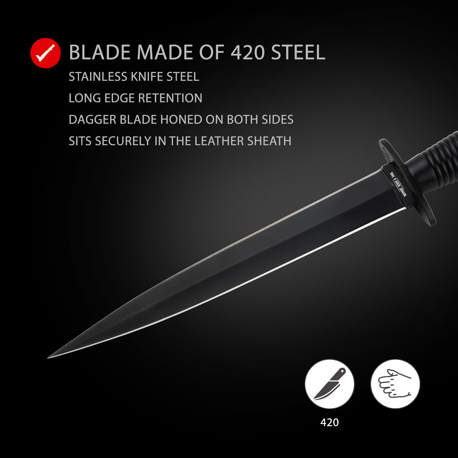 History Knife & Tool Commando Dagger Fixed Knife 7.09″ Blade 420 Black ✔️02HY002