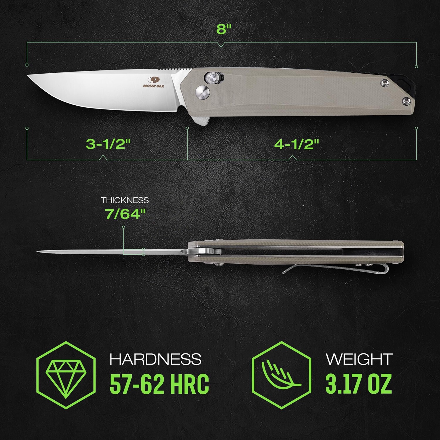 Mossy Oak Folding Pocket Knife EDC 3.5-Inch D2 Steel Drop Point Blade G10 Handle