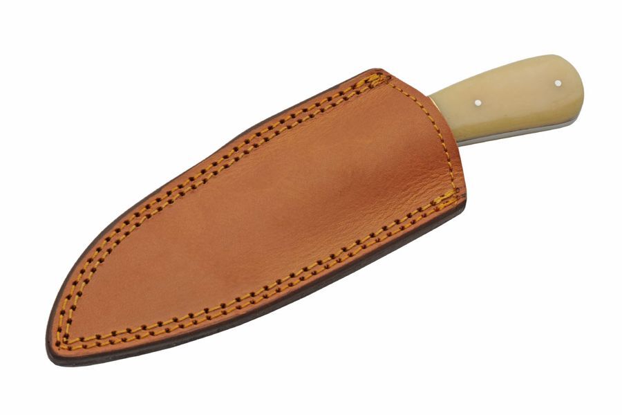 Fixed-Blade Hunting Knife Damascus Steel 3.75in Blade Bone/Red Full Tang Sheath