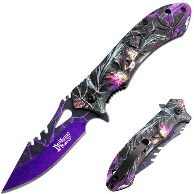 8.5″ DARK FANTASY BLADES SKULL PRINTED SPRING ASSISTED FOLDING KNIFE PURPLE
