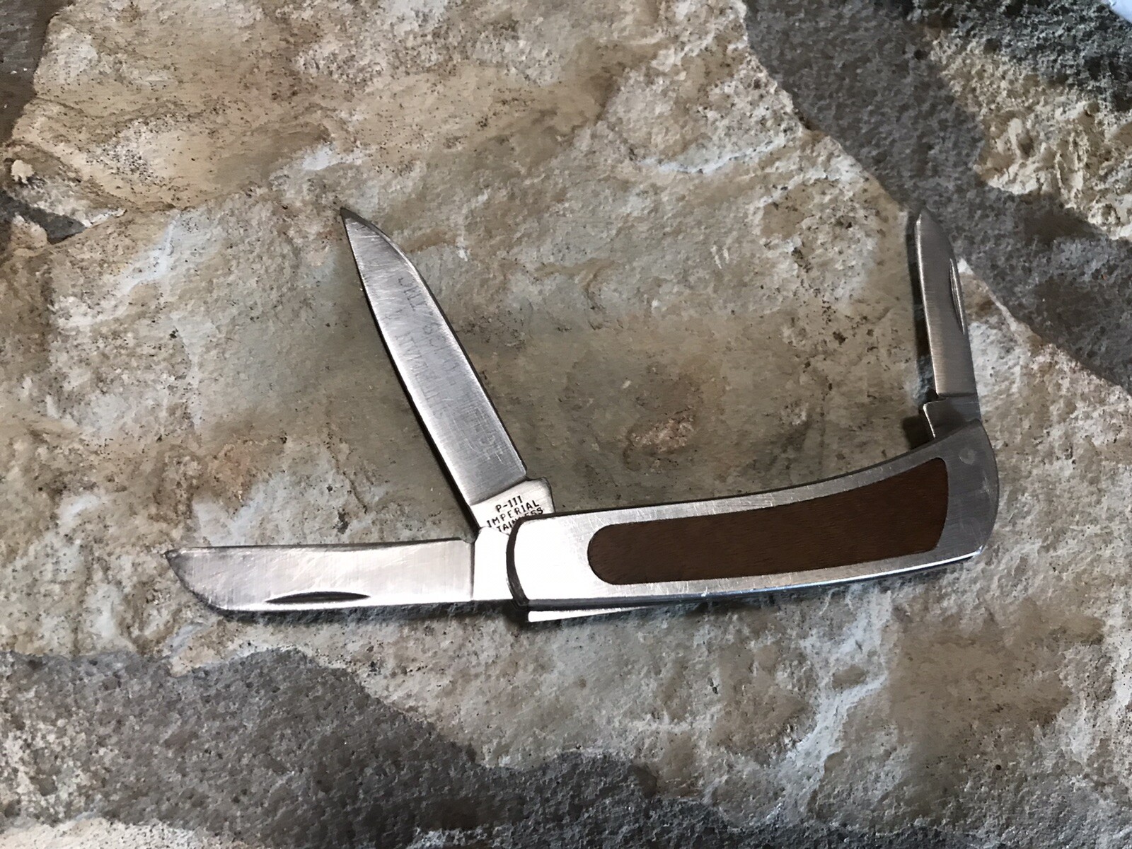 Imperial Stainless Frontier USA WOOD INLAY 3 blade pocket knife made in USA