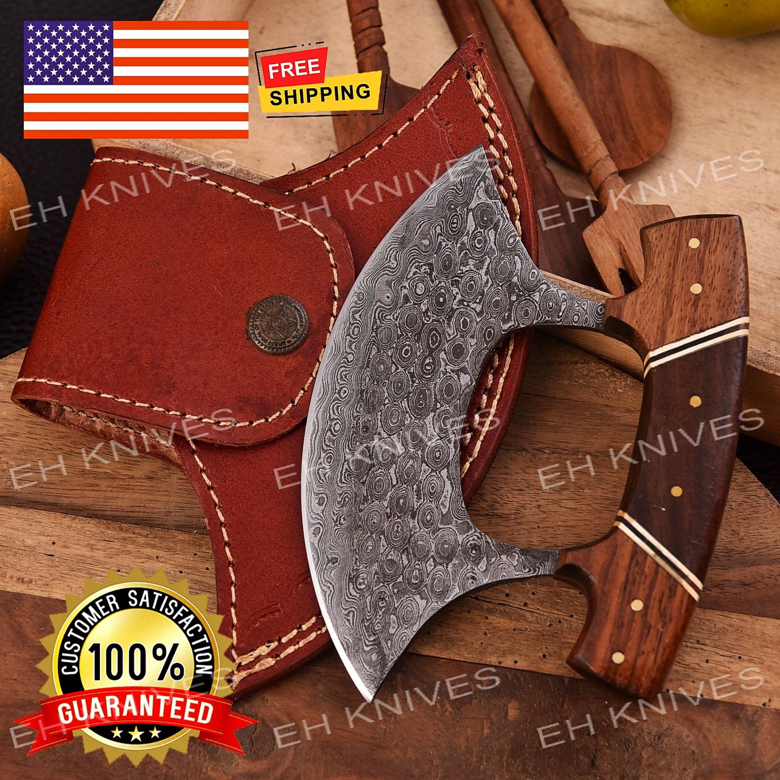 Handmade Damascus Steel Ulu Vintage Alaskan Kitchen Chef Knife with Sheath