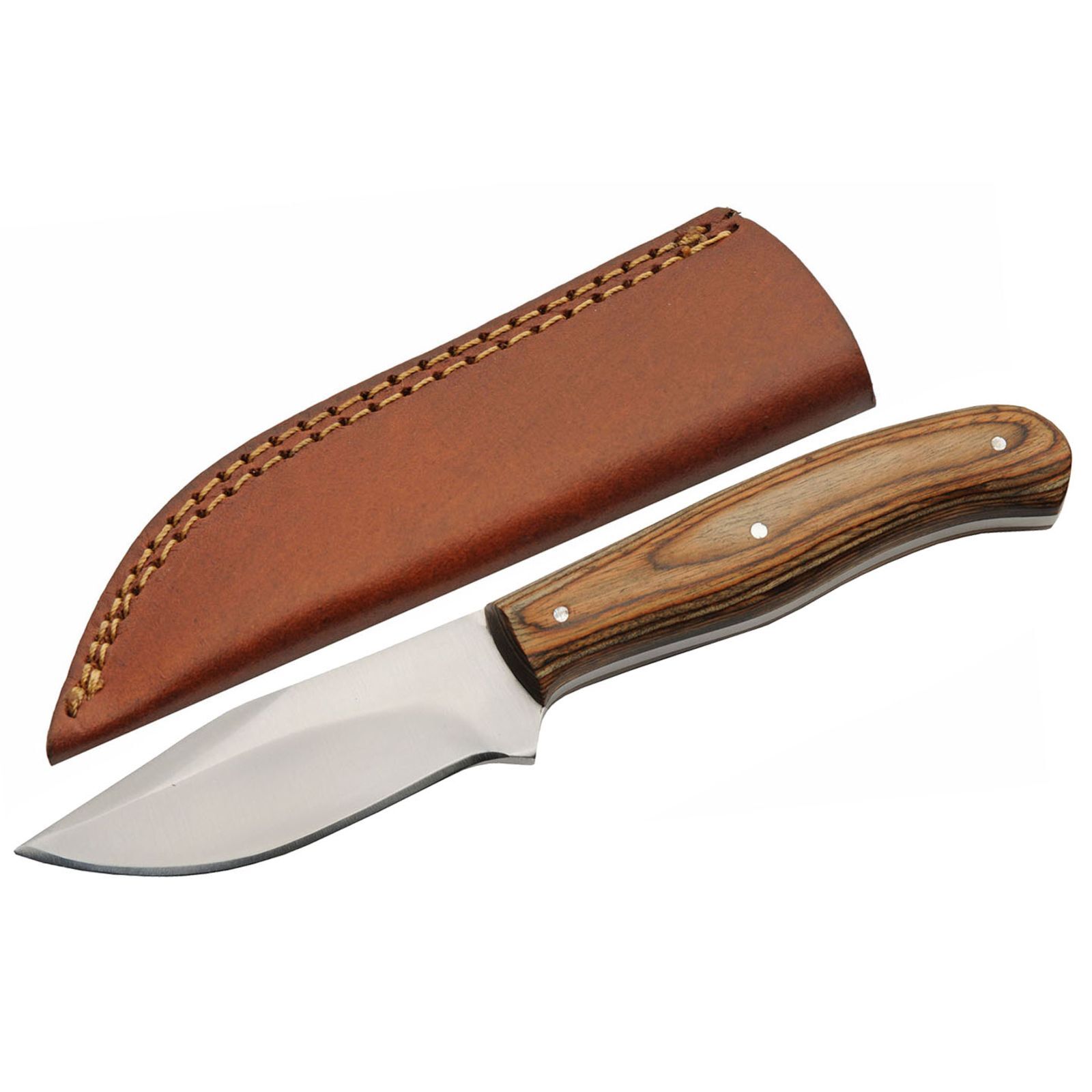 Compact Hunting Knife Stainless Steel Blade Brown Wood Handle + Leather Sheath