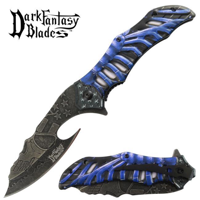 8.5″ DARK FANTASY BLADES SKELETON GRAPHIC SPRING ASSISTED FOLDING KNIFE BLUE