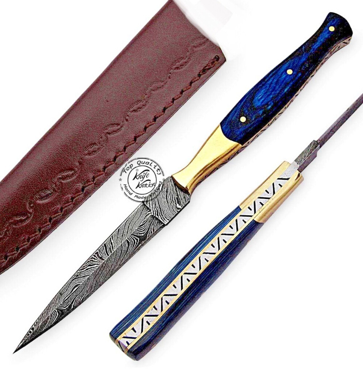Handmade Damascus Steel Fixed Dual Blade Boot Knife FullTang With Leather Sheath