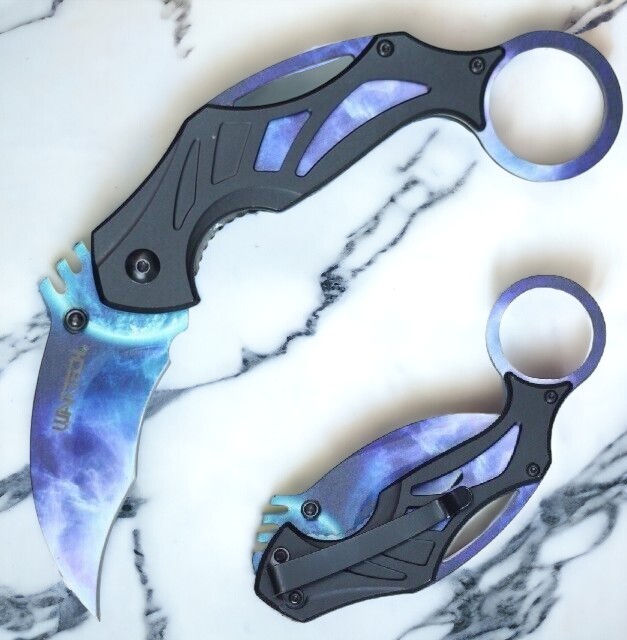 Spring-Assist Folding Knife | Wartech Blue Blade Plasma Karambit Tactical Black
