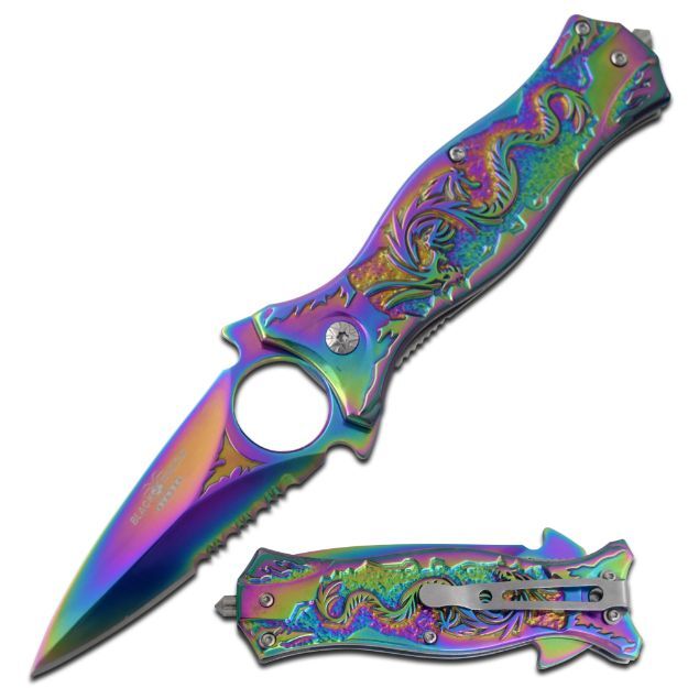 8″ DARK FANTASY BLADES DRAGON PRINTED SPRING ASSISTED FOLDING KNIFE RAINBOW