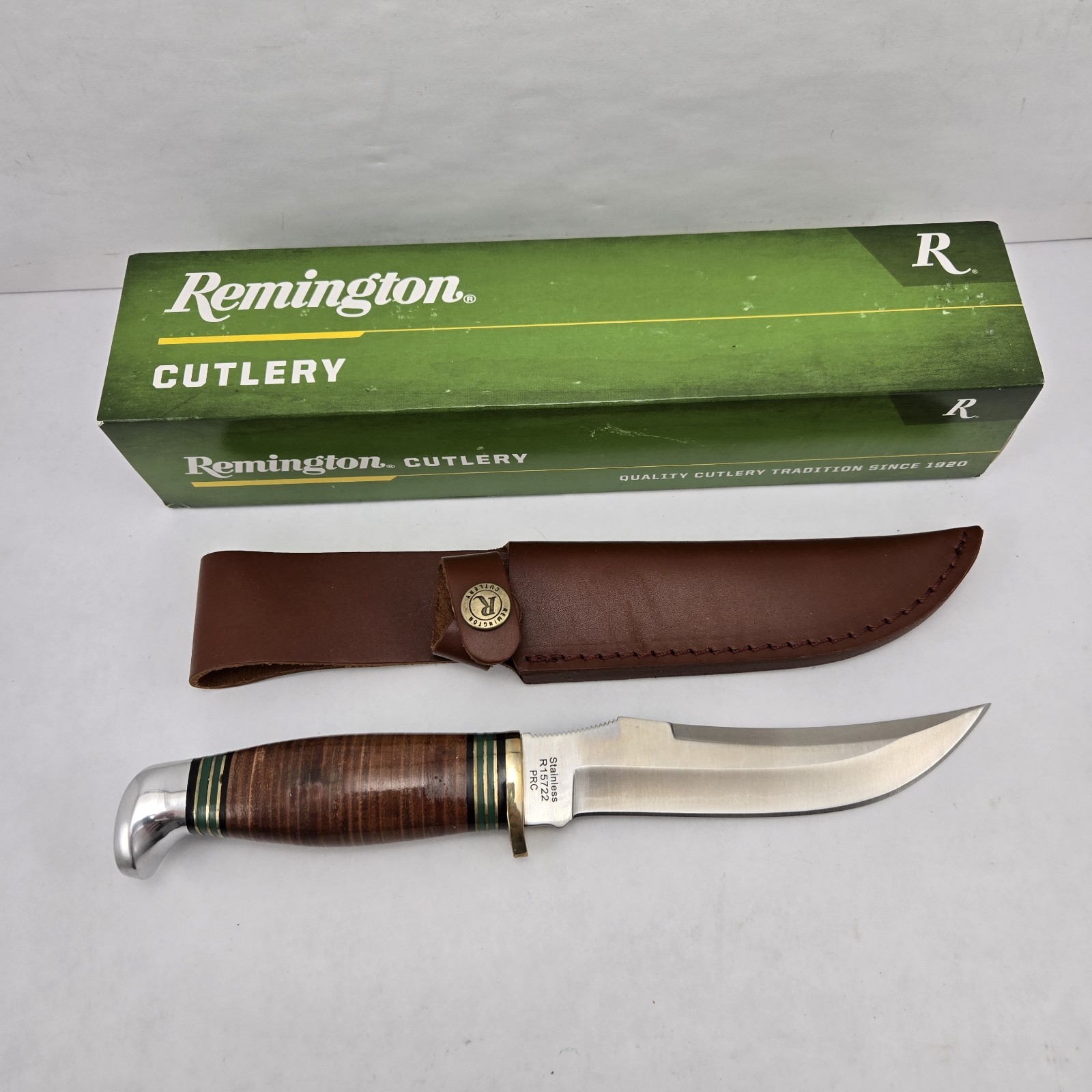 New Remington Stacked Fixed Knife 10″ OA 5.5″ Blade Leather Sheath R15722