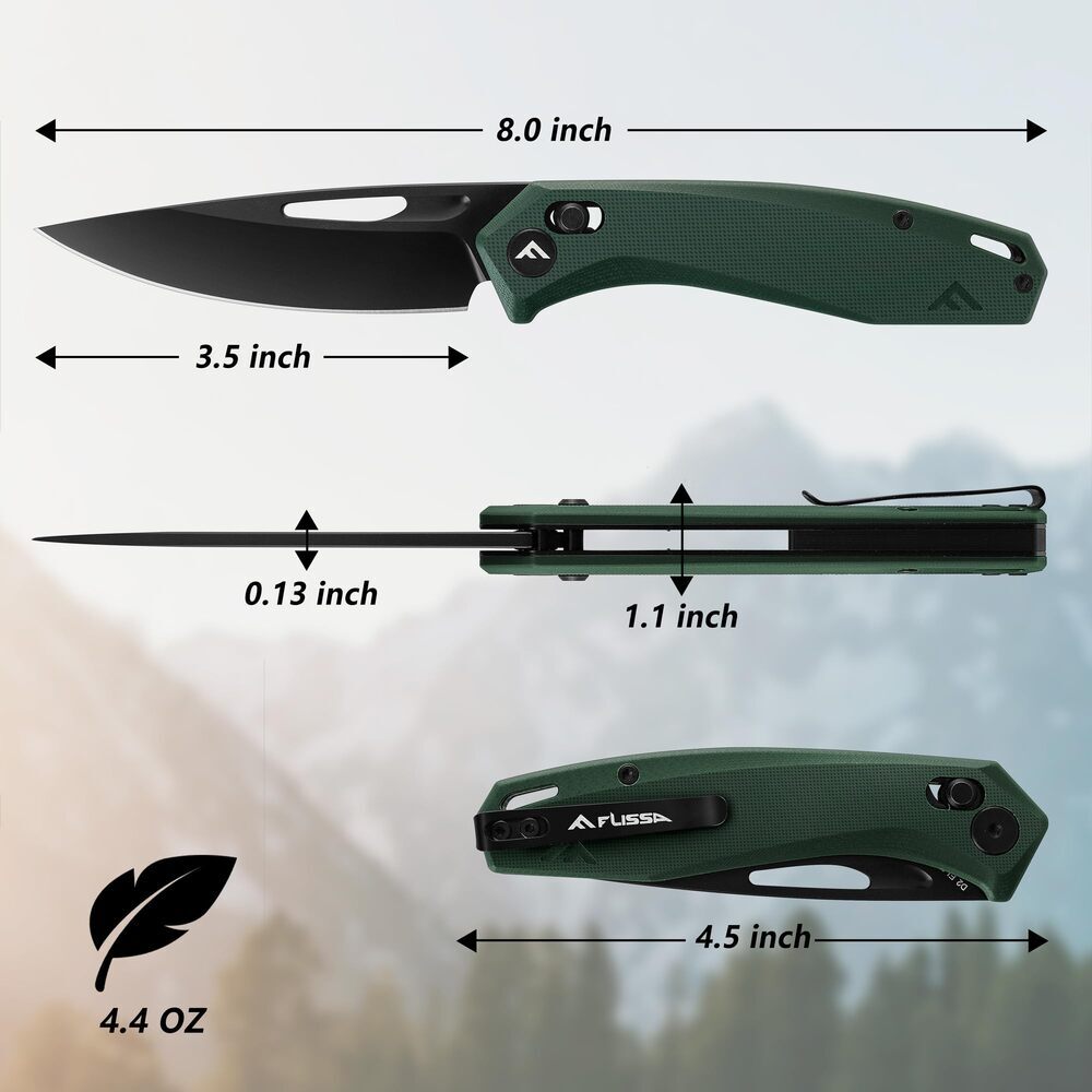FLISSA Tactical Folding Pocket Knife G10 Handle Axis Lock 3.5inch D2 Steel Blade
