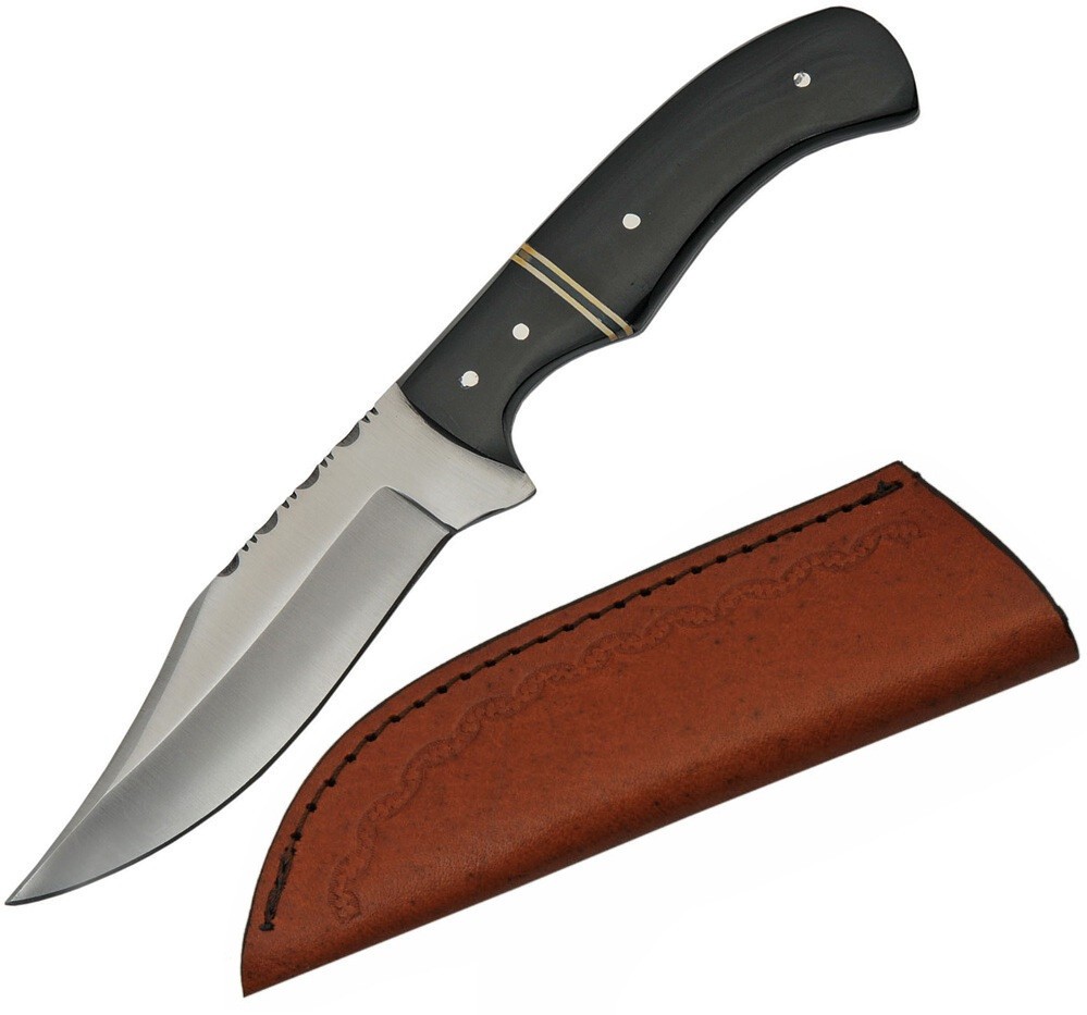 8.5″ Fixed Blade Skinner Knife | Horn Handle, Filework Spine + Sheath