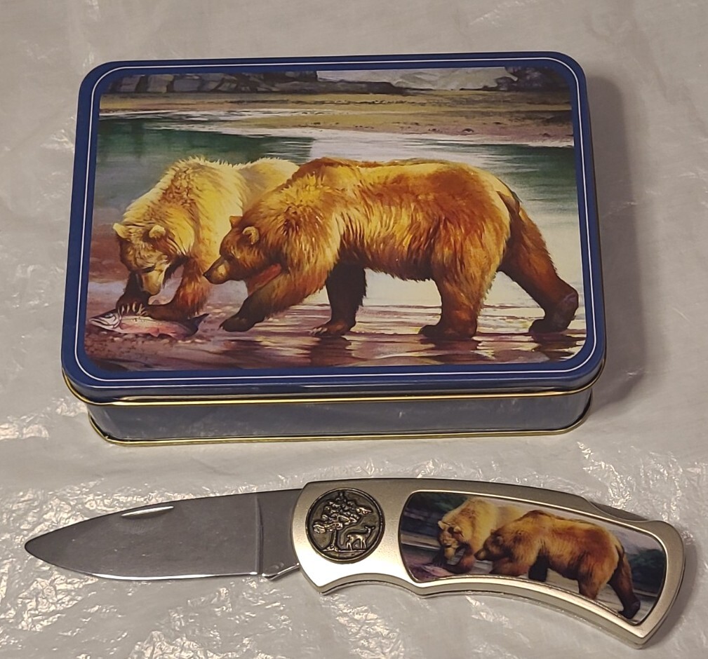 Woodland Creek Stainless Steel Brown Bear 7″ Collectible Folding Knife with Tin